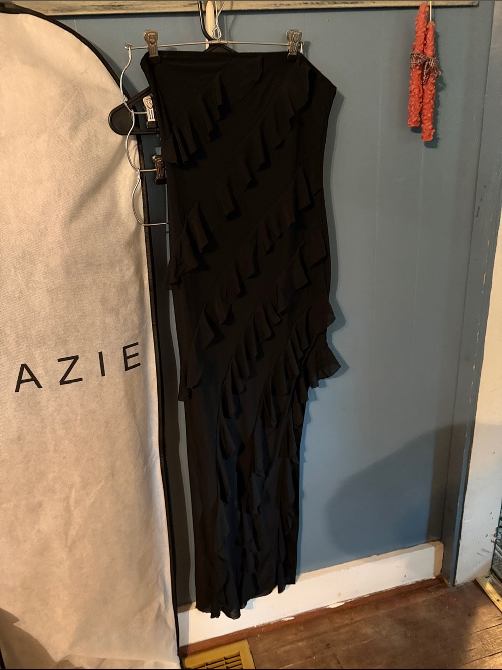 Black Strapless Ruffle Evening Gown